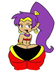 bedroom_eyes belly_dancer belly_dancer_outfit big_butt black_panties blue_eyes choker earrings gauntlets genie genie_girl gold_earrings gold_gauntlets gold_tiara humanoid hybrid_species hyper_butt hyper_hips hyper_thighs looking_at_viewer looking_back looking_over_shoulder pointy_ears ponytail_(hair) purple_choker purple_eyes red_bra red_harem_pants red_top seductive seductive_smile shantae shantae_(character) tan_skin thick_thighs tiara valisemma wide_hips