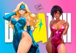 2girls bare_shoulders blonde_blazer blonde_hair blue_dress blue_eyes blue_gloves breasts brown_eyes copyright_name covered_navel dispatch dispatch_(game) dress dress_strap_slip elbow_gloves eye_mask face_piercing female female_only gloves goldenfoxx highres invisigal jewelry large_breasts logo looking_at_viewer mask multiple_girls necklace nose_piercing nose_ring piercing pink_dress seductive_smile shiny_clothes short_hair side_slit smile strap_pull strap_slip strapless strapless_dress thighs tight_clothes tight_dress toned toned_female