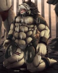 abs anthro balls biceps big_muscles black_fur black_nose bound canine censored chains clothed clothing cum cum_in_mouth cum_inside cum_on_face drooling fur group humanoid_penis japanese korosuke male male_only mammal muscular muscular_male nipples open_mouth pecs penis precum saliva teeth thong tongue tongue_out underwear white_fur wolf