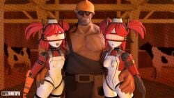 1boy 2girls 3d 3d_(artwork) 3d_model 3d_render ass ass_grab breasts breasts_out buff buff_male cow_print_bikini engineer_(team_fortress_2) hand_on_ass nigafactory pussy robot robot_girl senyornosok sfm shocked shocked_expression small_breasts source_filmmaker teletiwns vagina visor_glasses