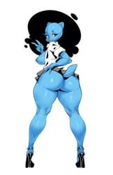 2016 anthro ass big_breasts blue_fur breasts cartoon_network clothed clothing feline female footwear fur hand_sign high_heels inputwo invalid_tag mammal nicole_watterson nipples open_clothes open_shirt pose raised_skirt raised_tail shirt shoes simple_background solo the_amazing_world_of_gumball tongue whiskers wide_stance