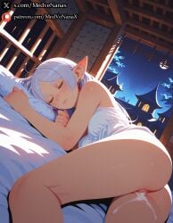 2026 8k absurdres after_sex ai_generated arched_window aroused_face artist_name ass_focus ass_up bare_shoulders bed bedroom best_quality big_ass blissful_expression blue_toned_lighting blush bottomless clitoris closed_eyes content_expression cum cum_on_ass cum_on_pussy cum_on_thighs cum_overflow cum_string cumdrip dangling_earrings detailed_background detailed_eyes detailed_face distant_pagoda drooling earrings elf erotic exposed_breasts eyelashes fantasy_interior female flushed_cheeks focus_on_ass focus_on_body focus_on_face frieren from_behind glistening_skin glossy_lips gold_earrings green_eyes happy_face hi_res high_ponytail high_resolution highres hugging_pillow indoors japanese_style_architecture lantern_light light_blush long_hair lying_on_bed lying_on_side masterpiece medvenanax moon moonlight moonlight_glow night night_sky nighttime nipples nsfw nude on_bed parted_lips peaceful_pose pillow pleasure plump_ass pointy_ears ponytail pubic_hair puffy_nipples pussy pussy_juice pussy_juice_drip raised_ass red_earrings relaxed_face resting_pose round_ass saliva saliva_trail sheets sleeping sleeping_expression small_breasts solo sousou_no_frieren stable_diffusion starry_sky stone_wall sweat sweatdrop topless trimmed_pubic_hair ultra_detailed warm_glow wet_lips wet_pussy white_hair wooden_architecture wooden_floor