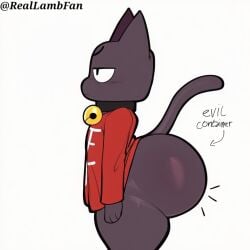 1boy ai_generated angry_face annoyed anthro ass ass_focus asscheeks bell big_ass black_cat blush bottom_heavy bottomless chinese_clothes clothing collar cult_of_the_lamb evil_container exaggerated_proportions expression feline follower_form from_side furry gold_bell huge_ass hyper large_tail male meme narinder plump profile_view reallambfan red_jacket shiny_skin solo solo_male squinted_eyes sweat tail tail_raised tail_up tang_suit text thick_thighs white_eyes wide_hips