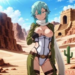 1girls ai_generated aqua_eyes aqua_hair asada_shino chaps desert female female_only medium_breasts nyxworks short_hair sinon sword_art_online toned wild_west