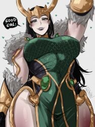 1girls absurdres black_eyeshadow black_hair black_lips blush breasts cape eyeshadow fake_horns female female_only fur-trimmed_cape fur-trimmed_gloves fur_trim gauntlets gloves gold_gauntlets green_eyes gy_beth gybeth highres horned_headwear horned_tiara horns lady_loki large_breasts leotard long_hair looking_at_viewer makeup marvel marvel_rivals outstretched_arm pelvic_curtain rule_63 signature smile solo teeth thighs tiara white_background