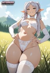 1girls ai_generated artoonizer ass big_ass bra bridal_gauntlets choker earrings elf elf_ears female female_focus female_only frieren frieren_beyond_journey's_end green_eyes grey_hair hands_on_hips jewelry light-skin light-skinned_female long_hair looking_at_viewer narrow_waist navel outdoors panties patreon patreon_username posing pussy shiny_skin small_breasts smile solo solo_female solo_focus sousou_no_frieren standing stomach thick thick_hips thick_thighs thighhighs twintails underwear underwear_only white_bra white_panties white_thighhighs