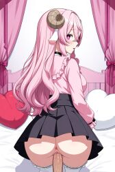 1boy 1girl ai_generated black_skirt jirai_kei penis pink_hair pink_shirt sex sex_from_behind sheep_horns thighhighs