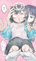 1futa 1girls ? aqua_jacket black_hair black_shorts blonde_streaks blue_eyes blush bow cevio closed_mouth collarbone colored_eyelashes crossover drooling flower from_below futa_with_female futanari hair_flower hair_ornament hairbow hand_on_another's_head iyowa_girls jacket knees kurari-chan_(iyowa) kyu-kurarin_(cevio) medoshikorinda mind_break multicolored_hair mv_character open_mouth phony-chan phony_(cevio) pink_background pink_bow pink_eyes pink_flower purple_hair shirt short_hair shorts socks speech_bubble streaked_hair sweat white_shirt white_socks