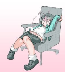 1futa aqua_jacket black_hair black_shoes black_shorts blush censored censored_penis cevio chair cum cum_on_face cum_on_own_face ejaculation erect_penis futanari gaming_chair hair_flower hairbow iyowa_girls jacket kurari-chan_(iyowa) kyu-kurarin_(cevio) masturbating medoshikorinda motion_lines mv_character open_jacket open_mouth pastel_colors penis pink_background pink_eyes pink_flower short_hair simple_background vocaloid white_shirt white_socks