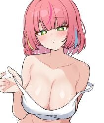 1girls :o absurdres arm_at_side blush breasts bright_pupils crop_top double_strap_slip green_eyes hanako_nana hand_up highres large_breasts looking_at_viewer maksagwa multicolored_hair navel no_bra parted_lips pink_hair simple_background solo stellive strap_pull strap_slip streaked_hair tank_top upper_body virtual_youtuber white_background white_mouth white_pupils white_tank_top wispy_bangs