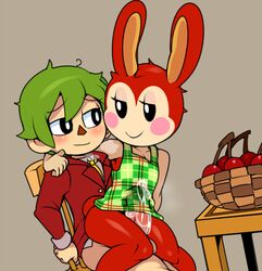 1boy 1girls animal_crossing animal_crossing_boy anthro balls blush bottomless bunnie_(animal_crossing) captain_kirb chair chair_position cherry cum cum_through_clothes female female_on_top flat_chest fur furry green_hair hair half-closed_eyes human human_on_anthro male nintendo outercourse penis rabbit red_fur sitting smile straight thick_thighs thigh_sex under_clothes villager_(animal_crossing)