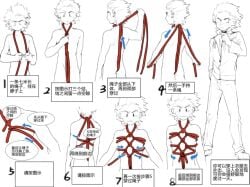 1boy arrow arrow_(symbol) ass back_view blush blush_lines bondage chinese_text clothed educational embarrassed front_view hand_in_pocket how_to kamen_rider kamen_rider_den-o_(series) knotted_rope m-ryotaro male male_focus male_only meme momotaros no_visible_genitalia nude nude_male possessed possession red_rope rope rope_bondage ryotaro_nogami shibari_under_clothes sketch solo spiked_hair text tying tying_rope uncolored zipper