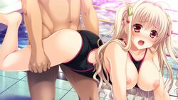 1boy ahoge areolae arm_support asahina_konomi ass between_breasts blonde_hair blush breasts breasts_out clothed_female_nude_male clothed_sex clothes_between_breasts collarbone feet female game_cg guilty held_up indoors large_breasts long_hair nipples one-piece_swimsuit open_mouth pool rape red_eyes sex solo_focus straight swimsuit swimsuit_aside toriko_no_kusari vaginal_penetration water