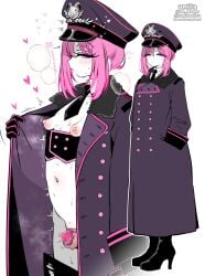 1femboy areolae balls blush bottomless chastity_cage chastity_device coat femboy feminine_male girly hat heart-shaped_pupils long_hair male nagano_rira nipples otoko_no_ko penis pink_eyes pink_hair sissy solo solo_femboy solo_male sweat tagme thighhighs trap trenchcoat unlila