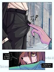 3:4 absurd_res anthro canid canine canis clothed clothing comic dialogue digital_media_(artwork) domestic_dog duo english_text female fur genitals hair hi_res homeless homeless_dog hoodie inner_monologue male male/female mammal penis ponporio prostitution suit text the_suit_(ponporio) thinking through_clothing topwear touching_penis yellow_eyes
