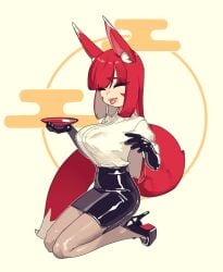1girls big_breasts black_skirt chikuwa_fan973 closed_eyes drinking female female_only fox_ears fox_girl fox_tail heels high_heels kitsune latex latex_clothing latex_gloves light_skin lips long_hair louboutin_(shoes) office_lady original original_character red_bottom_heels red_hair red_tail sake seated shiny_clothes stockings tight_clothing tongue_out white_shirt white_skin
