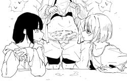 1futa 2girls cevio closed_mouth clothes_lift clothes_pull flashing futa_with_female futanari heart hood hood_down hoodie inabakumori iyowa_girls jacket kurari-chan_(iyowa) kyu-kurarin_(cevio) long_hair looking_at_penis medoshikorinda monochrome motion_lines multiple_girls mv_character off-shoulder_shirt off_shoulder osage-chan penis phony-chan phony_(cevio) shirt shirt_lift short_hair shorts shorts_pull sketch speech_bubble spoken_heart sweat table testicles vocaloid