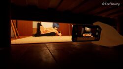 3d animated blue_hair camera english_commentary female hiding indoors masturbation nude original phoking phone ponytail pussy recording self-upload sound tagme thephoking thighhighs under_bed video yuki yuki_pk