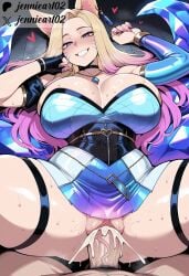 1boy ahri ahri_(league_of_legends) ai_generated animal_ears artist_name black_choker black_gloves blonde_hair blue_eyes blush breasts choker cleavage clothing cum cum_in_pussy cum_overflow detached_sleeves facial_mark female fingerless_gloves fox_ears fox_girl fox_tail gloves gradient_hair grin huge_breasts jennieart02 jewelry k/da_(league_of_legends) k/da_all_out_ahri k/da_all_out_series k/da_series large_breasts league_of_legends long_hair looking_at_viewer lying male missionary multicolored_hair nakadashi on_back patreon patreon_logo patreon_username penis pussy riot_games semen sex single_fingerless_glove single_glove smile solo_focus spread_legs straight sweat tail teeth thick_thighs thigh_strap thighs twitter twitter_username vaginal_penetration veins veiny_penis watermark whisker_markings