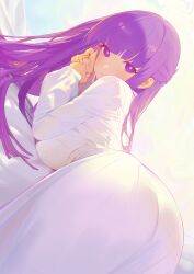 1girls :t absurdres ass blush breasts commentary dress elbow_rest english_commentary female female_only fern_(sousou_no_frieren) from_behind highres large_breasts long_hair long_sleeves looking_at_viewer looking_back lying on_stomach purple_eyes purple_hair serelith solo sousou_no_frieren very_long_hair white_dress