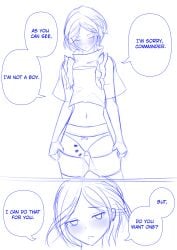 1girls blush close-up closed_eyes clothing contender_(girls'_frontline) english_text female female_only flat_chest girls'_frontline greyscale looking_at_viewer monochrome navel open_mouth panties short_hair shorts shorts_down sketch snafu_(snafy_snu) solo source_request speech_bubble text