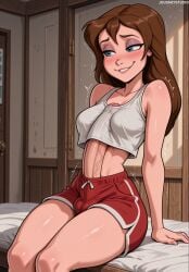 ai_generated arm_support artist_name bare_arms bare_shoulders biting_own_lip blue_eyes blush breasts brown_hair bulge clothing collarbone crop_top disney dolphin_shorts door erection erection_under_clothes eyeshadow feet_out_of_frame female female_only futanari futanari_masturbation half-closed_eyes indoors jane_porter jousneystudio lips long_hair makeup medium_breasts midriff nose_blush on_bed paizuri patreon_username red_shorts shirt short_shorts shorts sitting smile solo tank_top tarzan_(1999_film) trembling veins white_tank_top
