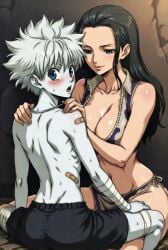 1boy 1boy1girl age_difference aged_up ai_generated bandage bandaged_arm black_hair blue_eyes blush crossover crossover_pairing curvy female hunter_x_hunter imminent_sex killua_zoldyck looking_at_viewer male male/female mature_female nico_robin older_female_and_younger_male one_piece pale-skinned_male sexual_tension straight taller_female teenager voluptuous_female white_hair