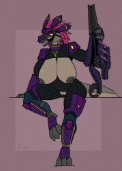 3_fingers 3_toes alexandrys alien anthro armor avian big_breasts breasts digitigrade exposed_breasts feather_hair feathered_crest feathers feet female fingers genitals grey_body grey_scales halo_(series) head_crest headgear helmet hi_res kig-yar large_breasts long_tail microsoft needle_rifle nipples non-mammal_breasts pink_body pink_feathers pseudo_hair scales scalie sharp_teeth solo spurs_(anatomy) t'vaoan tail teeth toes vulva xbox_game_studios yellow_eyes
