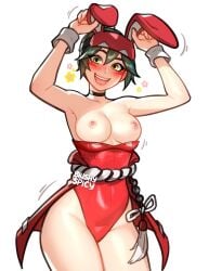 1girls 2d 2d_(artwork) 2d_artwork areolae artist_name blush blushypixy blushyspicy breasts breasts_out cowboy_shot drawn female female_focus female_only green_eyes green_hair happy kiriko_(overwatch) looking_at_viewer nipples no_bra open_mouth overwatch overwatch_2 partially_clothed rabbit_ears short_hair smile solo solo_female undressing white_background white_skin