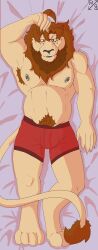 absurd_res andy_swallow animal_humanoid anthro armpit_hair barazoku barbell_piercing belly big_penis body_hair bulge clothing dakimakura dakimakura_design digital_media_(artwork) facial_tuft felid freckled_face freckles fur genitals hair happy_trail heterochromia hi_res humanoid lion lying male mammal mirror_racoon musclegut muscular muscular_anthro muscular_male nipple_piercing nipples on_back pantherine pecs penis piercing pube_peek pubes simple_background smile solo tail tail_tuft tuft underwear
