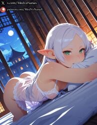 2026 8k absurdres ai_generated arched_window aroused aroused_face aroused_gaze artist_name ass_focus babydoll bare_shoulders bed bedroom best_quality big_ass blanket blissful_expression blue_bow blue_toned_lighting blush bow breasts cleavage content_expression dangling_earrings detailed_background detailed_eyes detailed_face distant_pagoda drooling earrings elf erotic exposed_breasts fantasy_cityscape female flushed_cheeks focus_on_body focus_on_face frieren glistening_skin glossy_lips gold_earrings green_eyes happy_face hi_res high_ponytail high_resolution highres hugging_pillow indoors inviting_look japanese_style_architecture lace_lingerie lantern_light lewd_expression light_blush lingerie long_hair looking_at_viewer loving_gaze lying_on_bed lying_on_side masterpiece medvenanax moon moonlight moonlight_glow night night_sky nighttime nipples nsfw on_bed parted_lips pillow pillow_hug pleasure plump_ass pointy_ears ponytail puffy_nipples red_earrings ribbon round_ass saliva saliva_trail seductive_pose seductive_smile see_through sheer_fabric sheets small_breasts smile solo sousou_no_frieren stable_diffusion starry_sky stone_wall sweat sweatdrop teasing_pose thin_straps tongue_out transparent_clothes ultra_detailed visible_through_clothes warm_glow wet_lips white_hair white_lingerie wooden_bed_frame