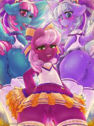 2016 absurd_res anus armpits ass blue_eyes blush bottomless bottomless_skirt cheerilee_(mlp) cheerleader dimwitdog earth_pony equine feathered_wings feathers female feral fizzy_pop_(mlp) flashing friendship_is_magic green_eyes group hair_ribbon hairbow hasbro highres horse lilac_sky_(mlp) looking_at_viewer mammal mooning multicolored_hair my_little_pony one_eye_closed open_mouth pegasus pink_eyes pom_poms pony pussy pussy_juice ribbons skirt two_tone_hair upskirt wings wink