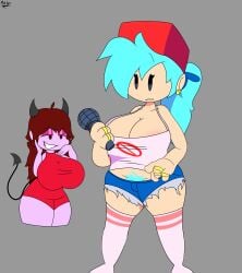 2girls areolae_visible_through_clothing auburn_hair big_breasts blue_hair boyfriend_(friday_night_funkin) busty_female demon_girl demon_tail earrings female female/female female_boyfriend_(friday_night_funkin) female_only friday_night_funkin genderswap_(mtf) girlfriend_(friday_night_funkin) hat horn lesbian ponytail pubic_hair remake rule_63 skyblue_hair smiley_face socks trabbitwax white_body yuri