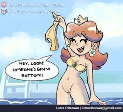 accidental_exposure bikini bikini_bottom bikini_bottom_removed bottomless bra bra_only brown_hair clueless crown earrings energetic flipped_hair genitals groin hairless_pussy happy lutraottersan lutraotterson mario_(series) nintendo no_panties pool princess princess_daisy pussy sketch smile swimming text_bubble tomboy vagina vulva