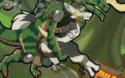 16:10 anal anthro armor balls balls_touching bodily_fluids bound canid canine canis claws duo foreskin genital_fluids genitals grass hand_on_leg hand_on_neck hi_res humanoid_genitalia humanoid_penis johnithanial legs_tied link_(wolf_form) lizalfos lizard male male/male mammal markings nintendo nipples outside penis plant precum reptile scales scalie sex standing standing_sex tail tears the_legend_of_zelda tree widescreen wolf