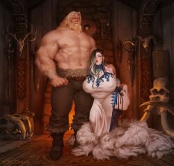 1boy 1girls black_hair blonde_hair bread chubby couple dress full_body hand_on_another's_shoulder huge_breasts indoors joixxx lips long_hair looking_at_viewer muscular_male original side_slit standing thick_thighs thigh_highs viking viking_female white_dress
