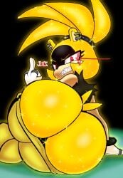 angry ass big_butt black_clothing black_shirt black_topwear blonde_hair bottomwear bottomwear_down bracelet butt_focus clothed clothing color_edit colored ear_piercing electricity eyelashes female gesture glistening glistening_body gloves hair hand_gesture handwear hi_res idw_publishing jewelry jutsapostion looking_at_viewer looking_back middle_finger pants pants_down partially_clothed piercing rear_view red_eyes ring sega sharp_teeth shirt solo sonic_(series) sonic_the_hedgehog_(comics) sonic_the_hedgehog_(idw) sonic_the_hedgehog_(series) studded_hair_tie super_form surge_the_tenrec tail teeth third-party_edit topwear torn_clothing torn_shirt torn_topwear white_clothing white_gloves white_handwear yellow_body yellow_bottomwear yellow_butt yellow_clothing yellow_pants