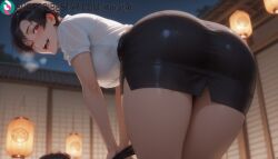 1girls ai_generated all_fours artist_name artist_signature ass bent_over black_hair black_skirt blurry blush breasts brown_eyes depth_of_field from_behind hanging_breasts heavy_breathing hi_res high_resolution highres kurutai large_breasts looking_at_viewer looking_back one_eye_closed open_mouth pantyhose pantylines pencil_skirt see-through shinobi_no_ittoki shione_kozuki shirt short_hair skirt smile subscribestar subscribestar_username thighs uncensored