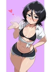 1girls artist_name augusketchs bikini bikini_under_clothes black_bikini black_hair black_shorts bleach blowing_kiss blush breasts cleavage collarbone commentary corrupted_twitter_file english_commentary female female_only hair_between_eyes hand_on_own_hip highres kuchiki_rukia looking_at_viewer medium_hair navel open_clothes open_fly open_shirt purple_eyes shirt short_shorts shorts simple_background solo standing swimsuit thigh_gap tied_shirt twitter_username white_shirt