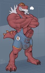 abs absurd_res anthro balls barazoku barefoot big_penis breath bulge chin_tuft claws clothing erection erection_under_clothing facial_tuft feet foreskin fossil_pokemon full-length_portrait fur generation_6_pokemon genitals grunting hi_res humanoid_genitalia humanoid_penis kazushi looking_at_viewer male muscular neck_tuft nintendo penis penis_poking_out pokemon pokemon_(species) portrait red_body red_scales scales sharp_teeth solo spiked_tail spikes spikes_(anatomy) tail teeth toe_claws translucent translucent_clothing tuft tyrantrum vein veiny_penis white_body white_fur