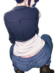 ass blank_background butt_crack denim female fully_clothed highres jeans kobaji kyoka_jiro my_hero_academia no_nude panties pants panty_peek pantyslip purple_hair shirt shoes short_hair simple_background solo squatting underwear