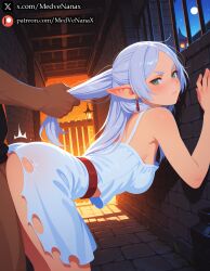 1boy 2026 8k absurdres ai_generated alley arched_window aroused aroused_face aroused_gaze artist_name ass_focus ass_up bare_shoulders best_quality big_ass blue_dress blue_toned_lighting blush breasts brick_wall castle_tower cleavage dangling_earrings detailed_background detailed_eyes detailed_face devoted_look distant_castle drooling earrings ecstasy ecstatic_face elf erotic excessive_saliva exposed_breasts fantasy_architecture female flushed_cheeks focus_on_ass focus_on_body focus_on_face frieren from_behind glistening_skin glossy_lips gold_earrings grabbing_hair green_eyes hair_pull hand_in_hair happy_face heavy_blush hi_res high_ponytail high_resolution highres indoors lantern_light lewd lewd_expression long_hair looking_at_viewer masterpiece medvenanax mind_break_light moon moonlight moonlight_glow night night_sky nighttime nipples nsfw off_shoulder open_mouth overwhelmed_with_pleasure parted_lips pleasure pleasure_overload pleasured_face plump_ass pointy_ears ponytail pov pov_crotch pov_hand puffy_nipples raised_ass red_earrings red_roof ripped_dress round_ass saliva saliva_trail seductive_pose small_breasts sousou_no_frieren stable_diffusion starry_sky stone_wall straight submissive submissive_expression sweat sweatdrop teasing_pose torn_clothes ultra_detailed warm_glow wet_lips white_dress white_hair