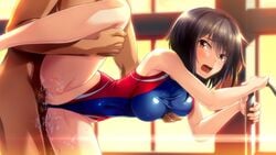 1boy arm_support black_hair blush breast_grab breasts brown_eyes censored clothed_navel cum cum_in_pussy erect_nipples female game_cg guilty ikoma_yui indoors leg_hold leg_up mosaic_censoring one-piece_swimsuit open_mouth pussy pussy_juice rape sex short_hair spread_legs standing straight sunset swimsuit swimsuit_aside toriko_no_kusari vaginal_penetration wince