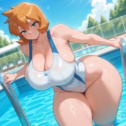 ai_generated alternative_bust_size bangs bare_shoulders blue_one-piece_swimsuit blue_sky blue_swimsuit blush breasts clavicle cleavage closed_mouth clothing cloud competition_swimsuit covered_navel curvaceous day female female_only fence green_eyes groin hair_between_eyes highleg highleg_swimsuit huge_breasts kasumi_(pokemon) ladder large_breasts leaning_forward looking_at_viewer misty_(pokemon_hgss) multicolored_clothes multicolored_swimsuit navel one-piece_swimsuit orange_hair outdoors partially_submerged pokemon pokemon_character pool pool_ladder poolside shiny_skin short_hair sideboob skindentation sky smile solo sparkle standing swimsuit tank_suit taut_clothes thick_thighs thighs tree two-tone_swimsuit wading water wet wet_clothes wet_swimsuit white_one-piece_swimsuit white_swimsuit wide_hips