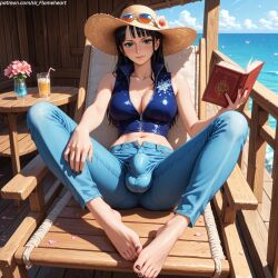2026 ai_generated artist_logo artist_name black_hair black_nails blue_eyes bulge bulge_through_clothing feet futa_only futanari high_quality high_resolution highres jeans nico_robin one_piece self_upload sir-flameheart solo solo_focus tagme uncensored