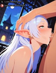 1girls 2026 ai_generated arched_window arches arm_raised arm_up aroused aroused_face aroused_gaze artist_name balcony best_quality blissful_expression blowjob blue_tinted_hair blue_toned_lighting blush castle content_expression cum cum_bubble cum_in_mouth cum_on_face cum_on_tongue cum_overflow cum_string cumdrip dangling_earrings deepthroat detailed_background detailed_eyes detailed_face devoted_look drooling earrings ecstasy ecstatic_face elf erection erotic excessive_saliva fellatio flushed_cheeks focus_on_face focus_on_penis frieren glistening_skin glossy_cum glossy_lips gold_earrings gothic_architecture green_eyes hand_on_head happy_face heavy_blush hi_res high_resolution highres indoors large_penis lewd lewd_expression long_hair looking_up loving_gaze masterpiece medvenanax mind_break_light moon moonlight moonlight_glow night night_sky nighttime nsfw open_mouth oral overwhelmed_with_pleasure parted_lips penis pleasure pleasure_overload pleasured_face pointy_ears pov pov_crotch pov_hands red_earrings saliva saliva_drool saliva_trail solo_focus sousou_no_frieren stable_diffusion starry_sky submissive submissive_expression sucking sweat sweatdrop thick_penis throbbing_penis tongue tongue_out tongue_play tower ultra_detailed veiny_penis wet_lips wet_skin white_hair