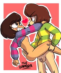 1futa 1girls bottomless breasts chara dickgirl frisk functionally_nude futa_on_female futanari intersex ounpaduia pussy_juice sex shirt_lift undertale wet