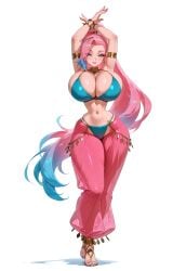 ai_generated armlet armpits arms_up bikini blue_bikini blue_eyes blue_hair blue_nails bracelet breasts cleavage curvy dancer feet female full_body gradient_hair harem_outfit harem_pants huge_breasts jewelry league_of_legends linea_alba lips long_hair looking_at_viewer multicolored_hair nail_polish narrow_waist navel pants pink_hair ponytail sandals seraphine_(league_of_legends) simple_background smile solo swimsuit thick_thighs thighs toenail_polish toenails toes trinity_vermilion very_long_hair white_background wide_hips