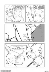 annoyed blush close-up comic dialogue digimon dracomon duo english_text erection eye_contact glans greyscale gumdramon horn male monochrome penis scrunchy_face smile smirk speech_bubble surprised sweat text tolok yaoi