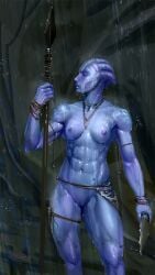 1girls abs alien alternate_version_at_source asari bioware blue_skin breasts effectively_nude female female_only knife luckyfk mass_effect mostly_nude muscular muscular_female nipples no_humans non-human nude outdoor_nudity outdoors pussy raining small_breasts solo solo_female spear tentacle_hair tribal wet_skin